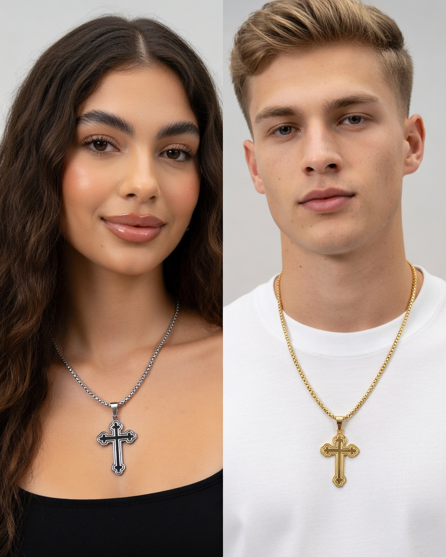 Orthodox Style Cross Necklace - Gold Stainless Steel Religious Necklace - Lustre & Star