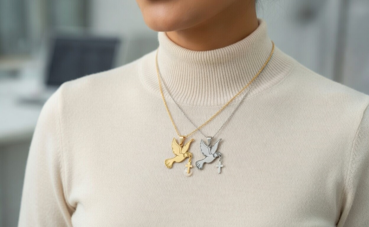 Holy Spirit Descending Necklace - Gold Religious Pendant Necklace - Lustre & Star