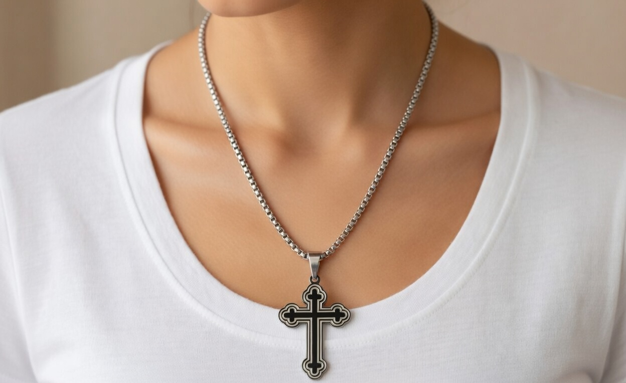 Orthodox Style Cross Necklace - Gold Stainless Steel Religious Necklace - Lustre & Star