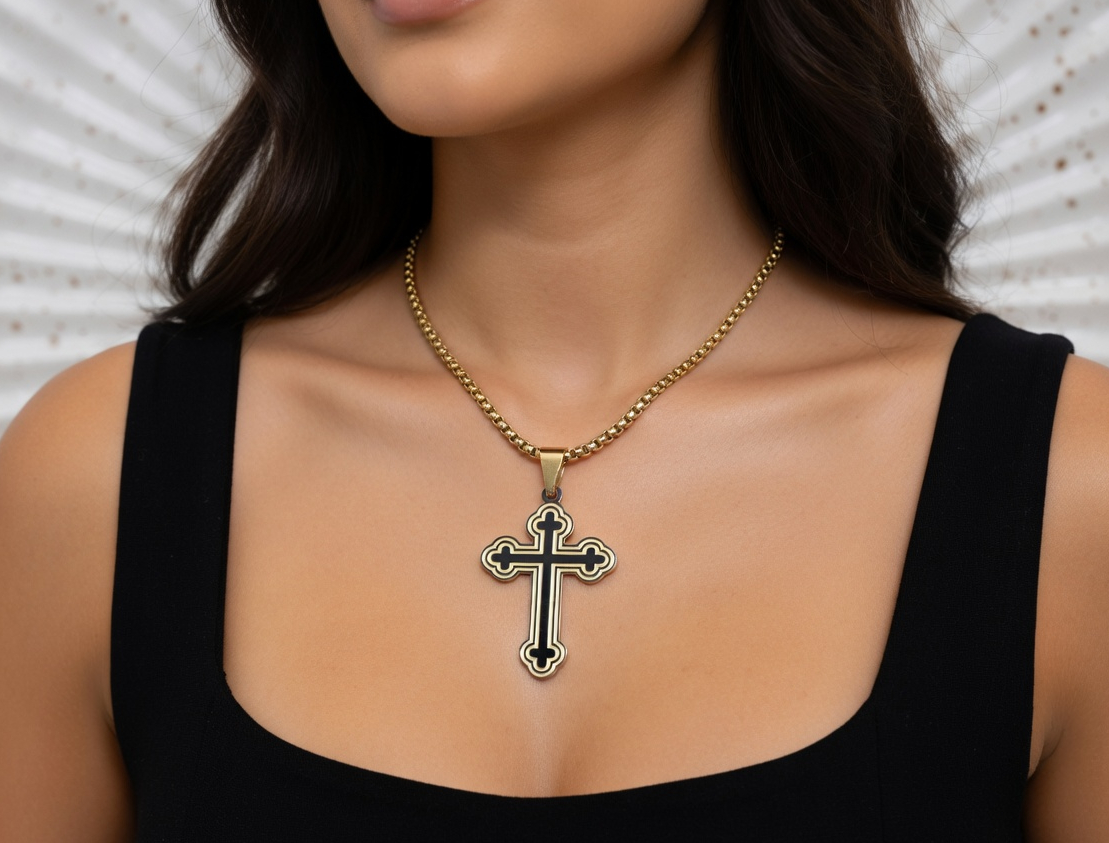 Orthodox Style Cross Necklace - Gold Stainless Steel Religious Necklace - Lustre & Star
