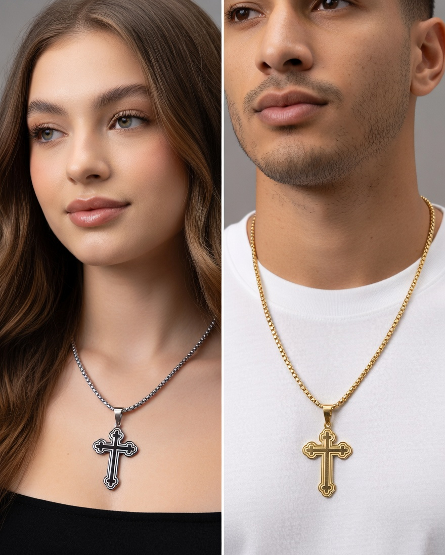 Orthodox Style Cross Necklace - Gold Stainless Steel Religious Necklace - Lustre & Star