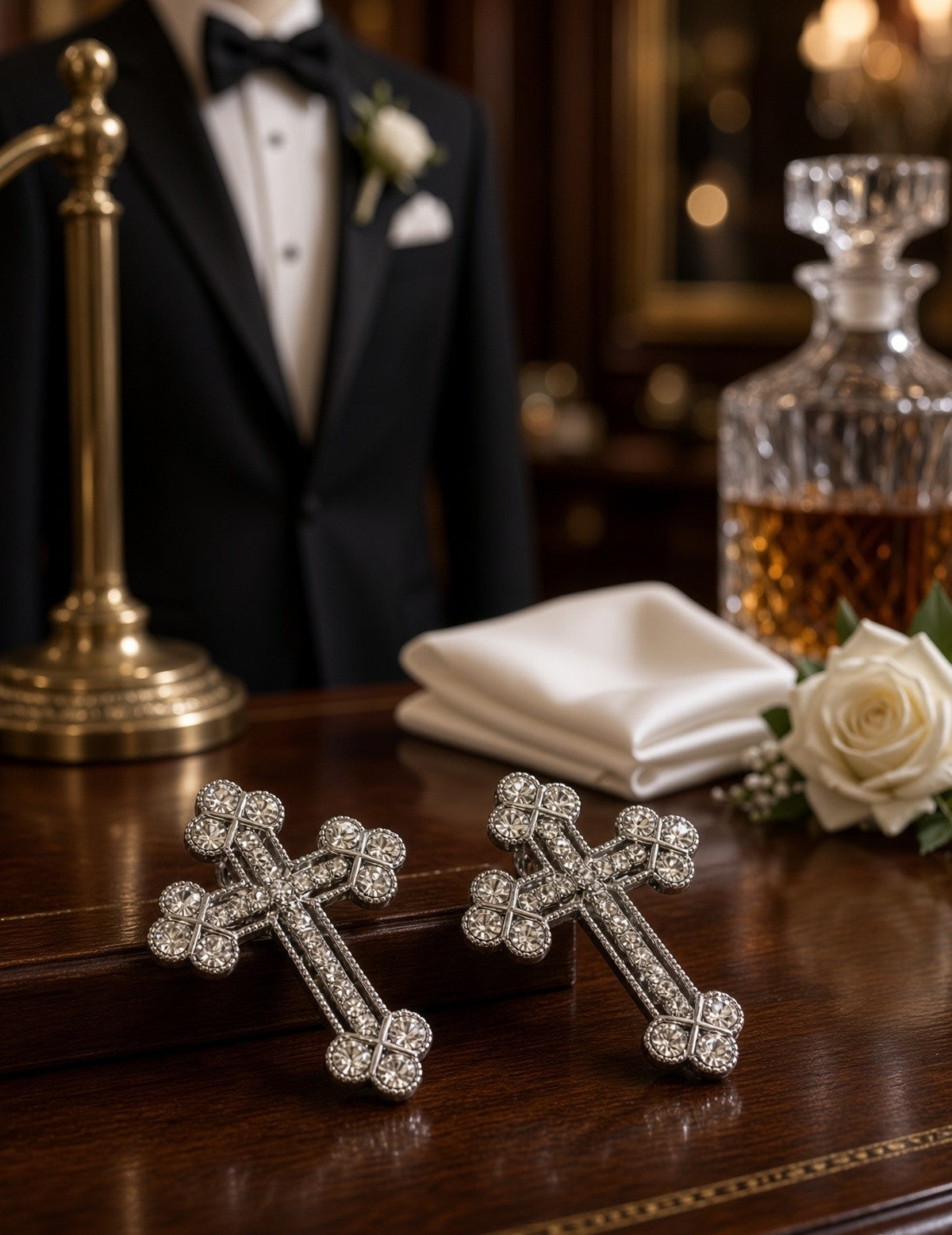 Budded Crystal Rhinestones Grooms Back Crosses Brooches