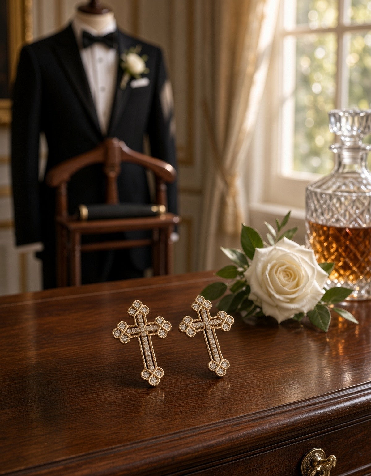 Budded Crystal Rhinestones Grooms Back Crosses Brooches