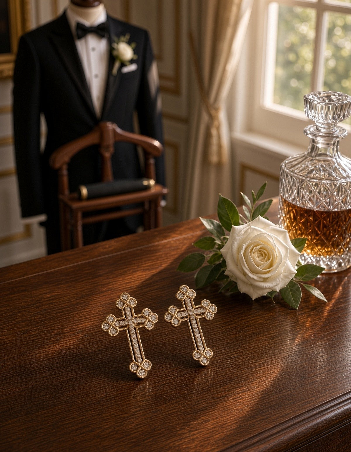 Budded Crystal Rhinestones Grooms Back Crosses Brooches