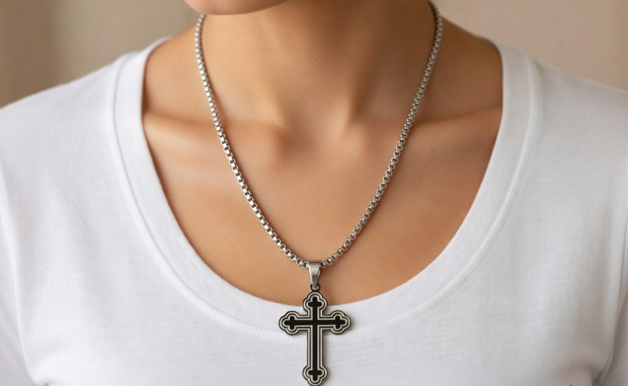 Orthodox Style Cross Necklace - Gold Stainless Steel Religious Necklace - Lustre & Star