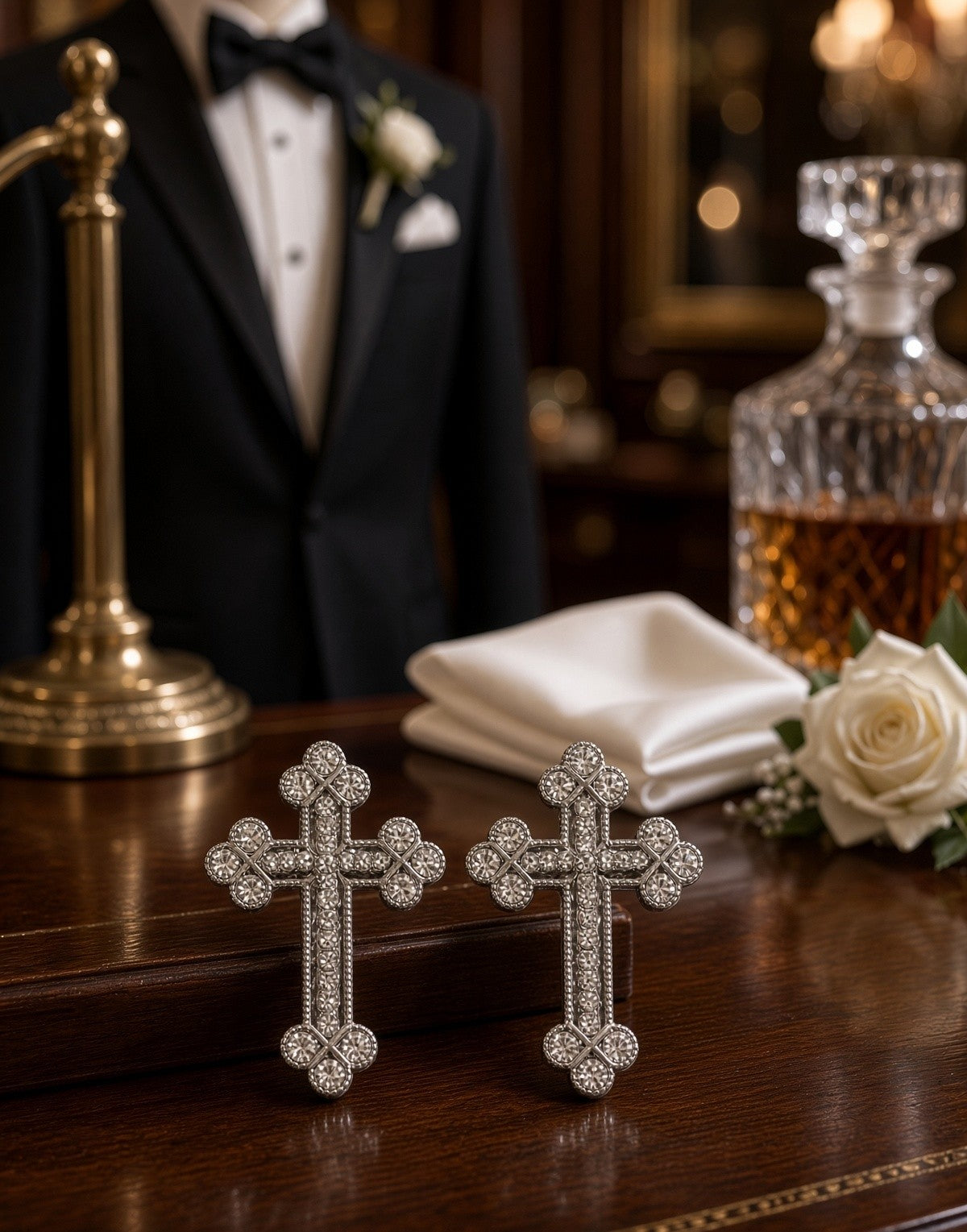 Budded Crystal Rhinestones Grooms Back Crosses Brooches