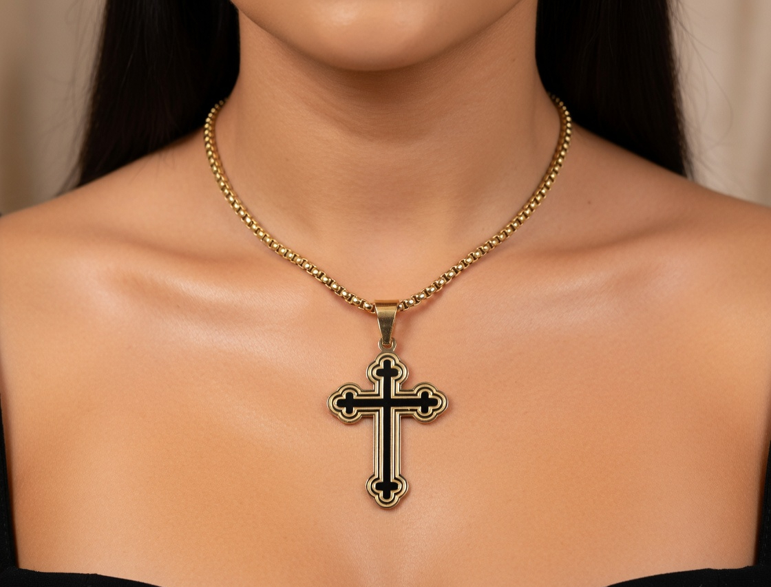 Orthodox Style Cross Necklace - Gold Stainless Steel Religious Necklace - Lustre & Star