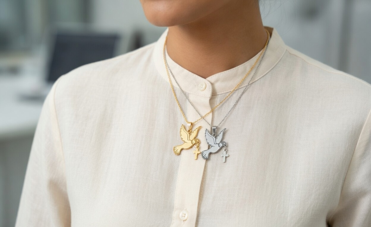 Holy Spirit Descending Necklace - Gold Religious Pendant Necklace - Lustre & Star