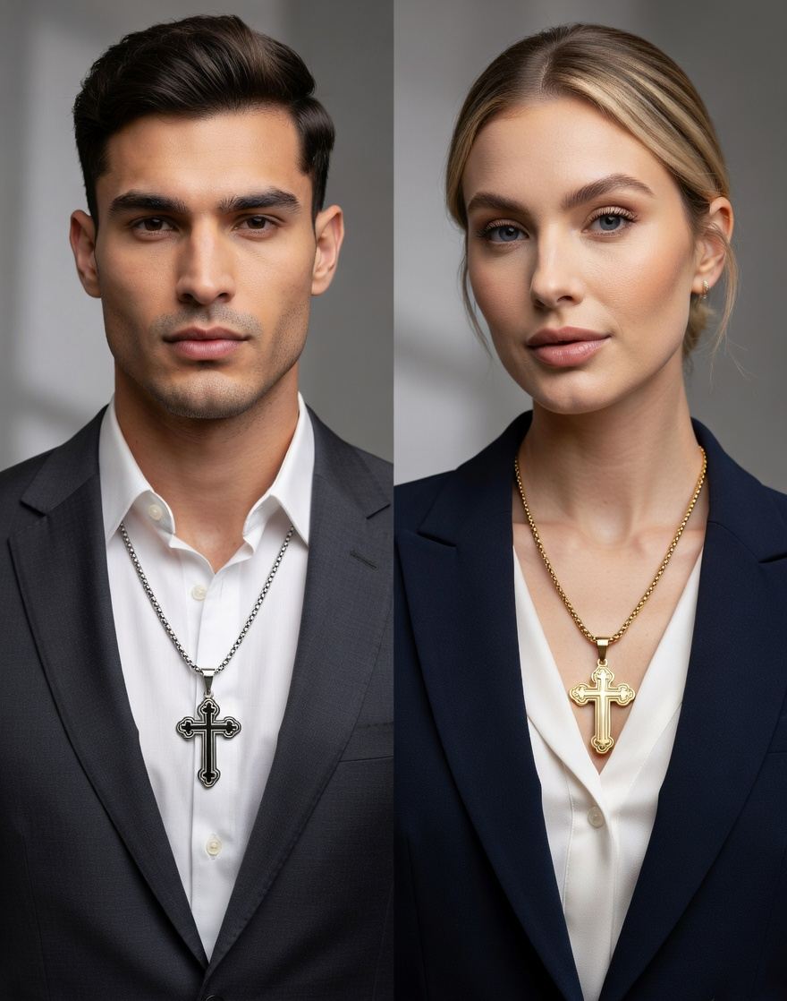 Orthodox Style Cross Necklace - Gold Stainless Steel Religious Necklace - Lustre & Star
